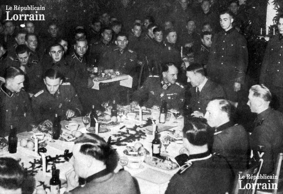 Adolf Hitler visits Sepp Dietrich's regiment of Leibstandarte SS for Christmas during their stay in Metz (Hotel des mines)